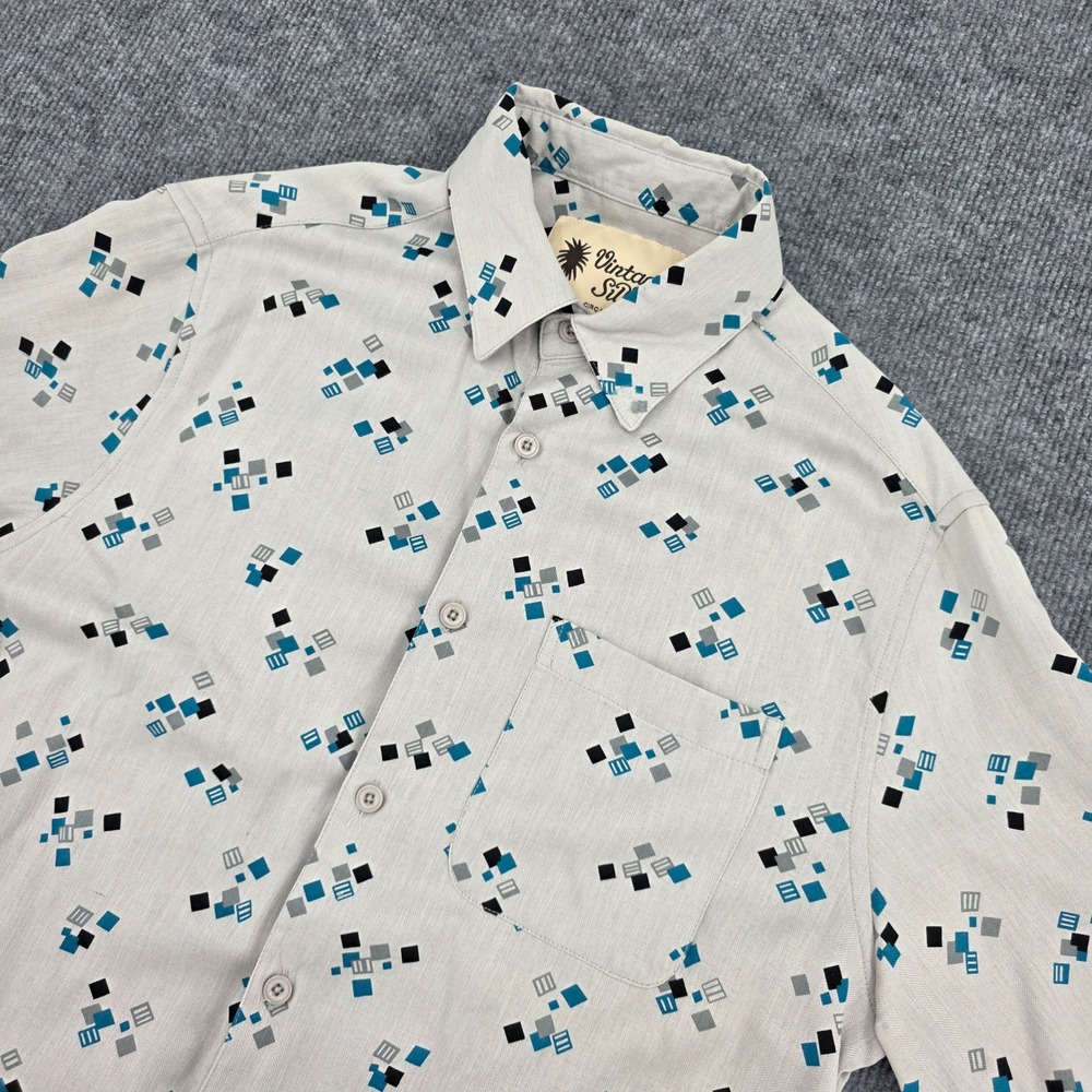 Vintage Silk Circa 1969 Mens Silk Geometric Square Print Shirt Tan Teal Medium